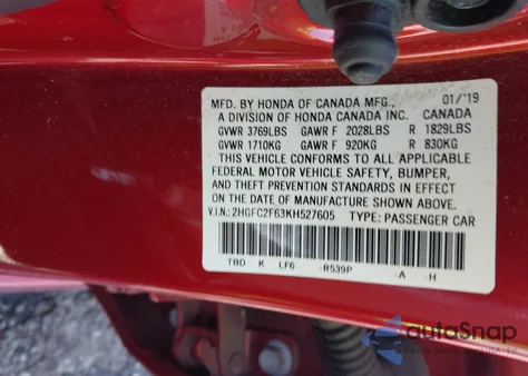 2019 Honda Civic Lx z USA, uszkodzony, nr VIN 2HGFC2F63KH527605